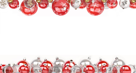 Red and white christmas baubles lined up 3D rendering