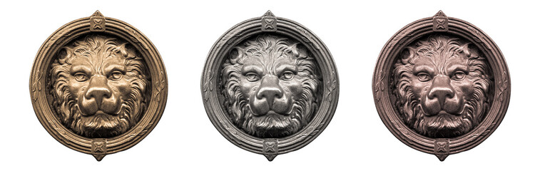 old metal lion’s head on white background, set of gold, silver and bronze vintage medals