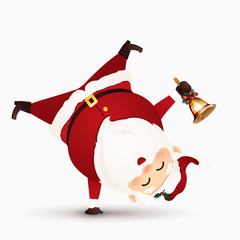 Cute Santa Claus standing on his arm with gold shiny jingle bell isolated on white background. Upside down. vector cartoon illustration.
