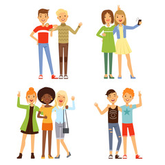 Illustrations of friendship. Different male and female friends. Friendly groups