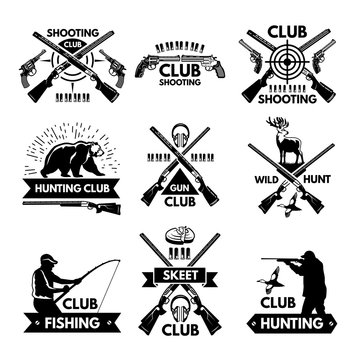 Labels and badges set for hunting club. Monochrome pictures of different animals and weapons for hunters