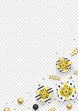 Christmas holiday greeting card background template of golden ball decorations. Vector Christmas or New Year gifts with golden ribbon bow and gold glitter stars confetti on transparent white