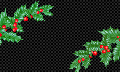 Christmas or New Year holiday background template of New Year fir or pine tree branch on transparent black. Vector Christmas or New Year holly leaf wreath ornament frame for greeting card design