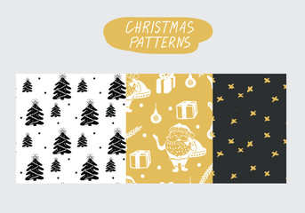 Vector seamless Christmas and New Year cartoon pattern set. Red, gold and black. Pattern collection for paper, textile, handmade decoration, scrap-booking, polygraphy, t-shirt, cards.