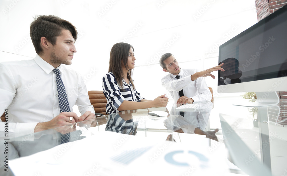 Poster business team discussing sales statistics