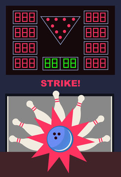 Vector illustration of modern bowling game - strike in flat design