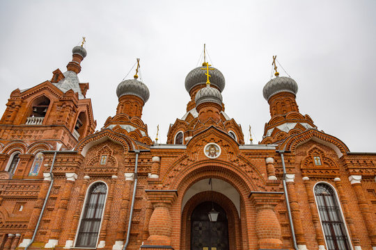 DARNA, RUSSIA - NOVEMBER 11, 2017: Red brick facade of the Temple of the Cross Exaltation
