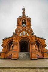 DARNA, RUSSIA - NOVEMBER 11, 2017: Red brick facade of the Temple of the Cross Exaltation
