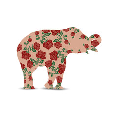  Silhouette of elephant with color  flowers (roses) using traditional Ukrainian embroidery elements.