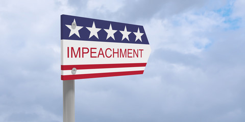 USA Politics Concept: Impeachment Direction Sign With US Flag, 3d illustration against cloudy sky