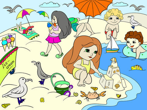 Children swimming at the beach and play with toys © toricheks