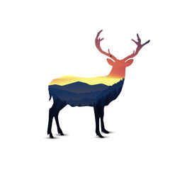 Silhouette of deer with panorama of mountains. Valley(canyon). Three peaks. Evening. Aurora.