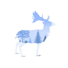 Silhouette of deer with mountains and coniferous trees. Blue shades. Winter.