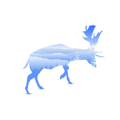 Silhouette of deer with mountains and coniferous trees. Blue shades. Winter. Cold.