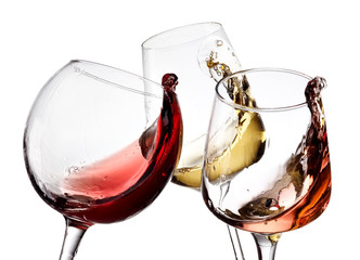 Red, rose and white wine glasses up