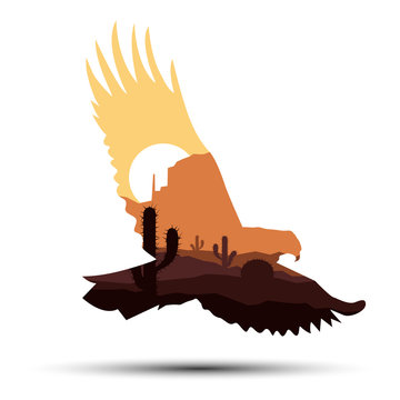 Silhouette of western eagle with rocks.
