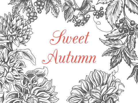 Invitation card for wedding. Illustration of autumn flowers