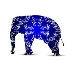 Silhouette of elephant with white curls on the black and blue background.
