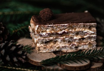 Christmas tasty cake on dark wooden background with spruce decoration. 