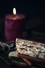 Christmas tasty cake on dark wooden background with spruce decoration. 