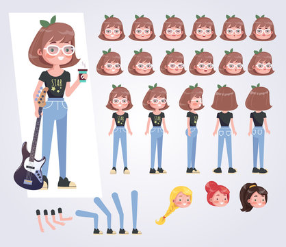 Happy teenager girl  character with guitar with various views, face emotions, poses