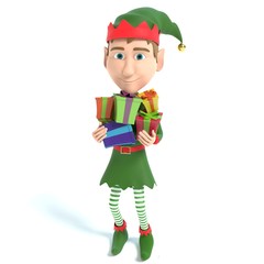 3d illustration of a Christmas elf holding gifts