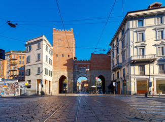 Milan. Old medieval city gates Porta Nuova.