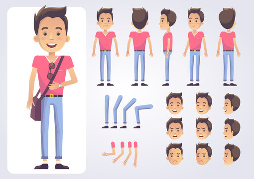 Happy student character with various views, face emotions, poses . Front, side, back view animated character