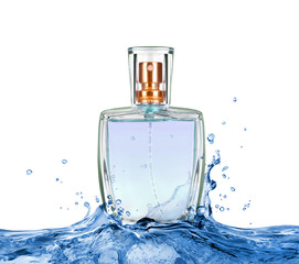 Perfume bottle in water splashes isolated on white background