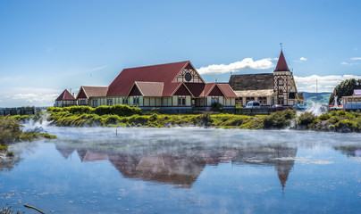 Church and Steam in Rotorua, New Zealand - obrazy, fototapety, plakaty