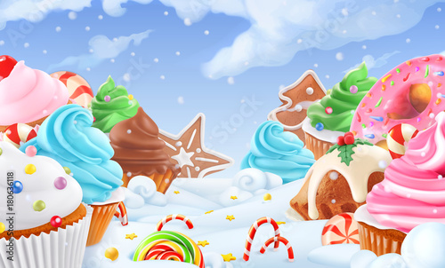 Cupcake Fairy Cake Winter Sweet Landscape Christmas Background 3d Vector Illustration Cupcake Fairy Cake Winter Sweet Landscape Christmas Background 3d Vector Illustration