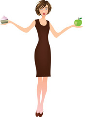 Girl holding apple in one hand and cake in another, healthy food concept