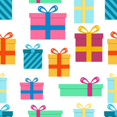 Vector seamless pattern illustration present gift box with different textures and different color variations.