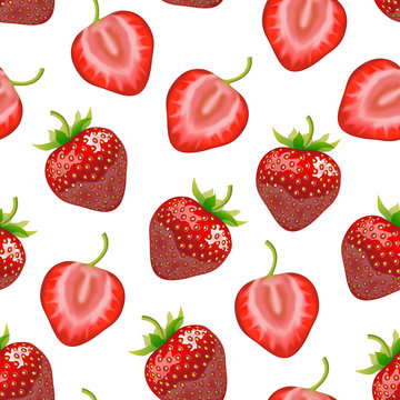 Realistic Detailed Strawberry Whole and a Half Background Pattern. Vector