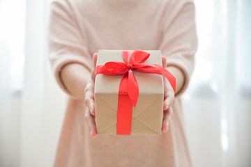 Closeup woman hands holding a brown gift box.