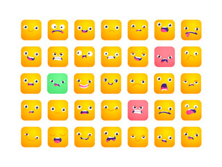 Set of square emoji. Smile icons. Vector emoticons isolated on white. Funny flat style emoji