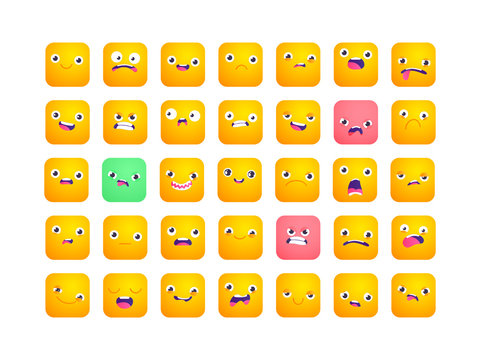 Set Of Square Emoji. Smile Icons. Vector Emoticons Isolated On White. Funny Flat Style Emoji