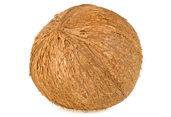 One whole raw coconut isolated on white background