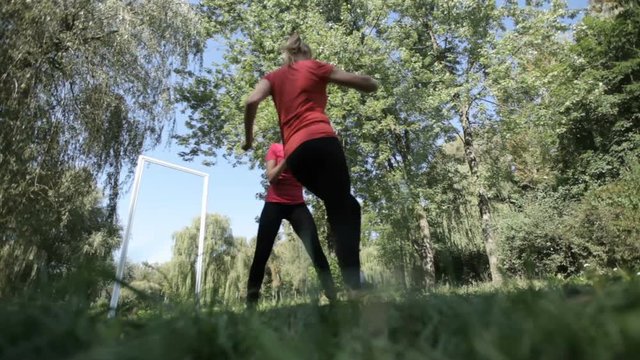 Two girls in the park are engaged in taibo. Two beautiful girls do morning exercises in the park. The concept of a healthy lifestyle.