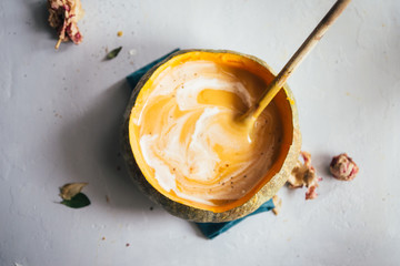 Pumpkin soup on the table.