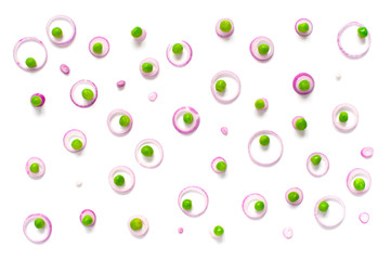 Abstract pattern of onion rings and green pea