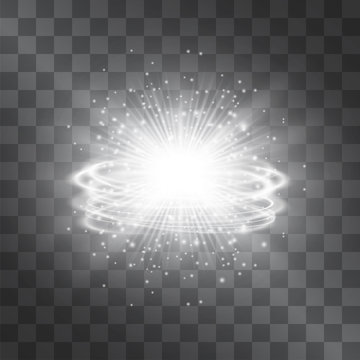 Silver White Glow Vector Light Effect, Star With Orbit Circles Shining Halo. Decorative Glittering Sparkles. Highlight Energy Burst, Brilliant Ellipse Motion Luxurious Design On Transparent Background