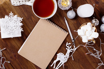 Blank paper Christmas card. copyspace of winter and Christmas concept. flat lay style