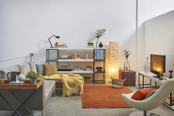 modern living room with bookcase and grey sofa orange carpet tv and white chair interior design
