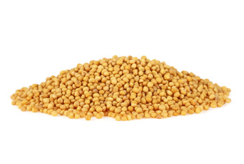 Yellow mustard seeds isolated on white background