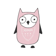 Cute hand drawn nursery poster with cartoon owl in scandinavian style. Color vector illustration