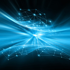 Abstract background with connected lines and dots for your design. Smooth lines, beautifully intertwined, shining dots and flashes on a dark background