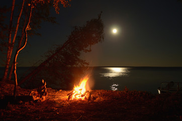 Big night bonfire on the riverbank in the forest clearing, flames, sparks and fireplace.