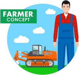 Farmer concept. Detailed illustration of driver, workman in overalls on background with tractor, excavator in the field in flat style. Vector illustration.