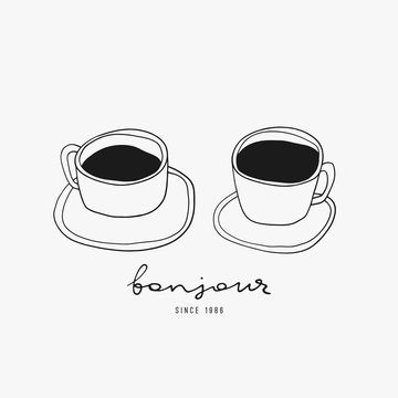 Fototapeta Two doodle coffee cups. Hand drawn vector illustration for cafe and kitchen